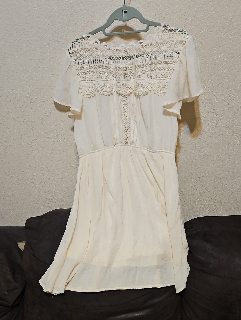 Lace Yoke Cream Mini Dress with Flutter Sleeves